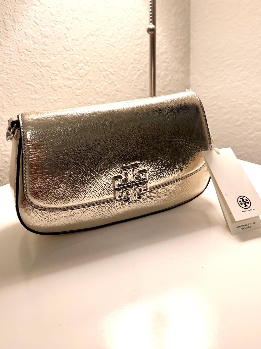Tory Burch Britten Metallic Convertible Crossbody Spark Gold NWT